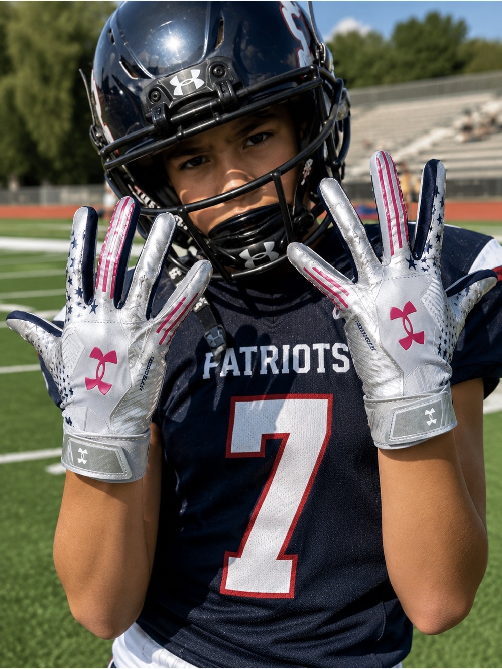 Under Armour UA F9 Nitro Youth Football Gloves USA Flag Silver Pink YS New